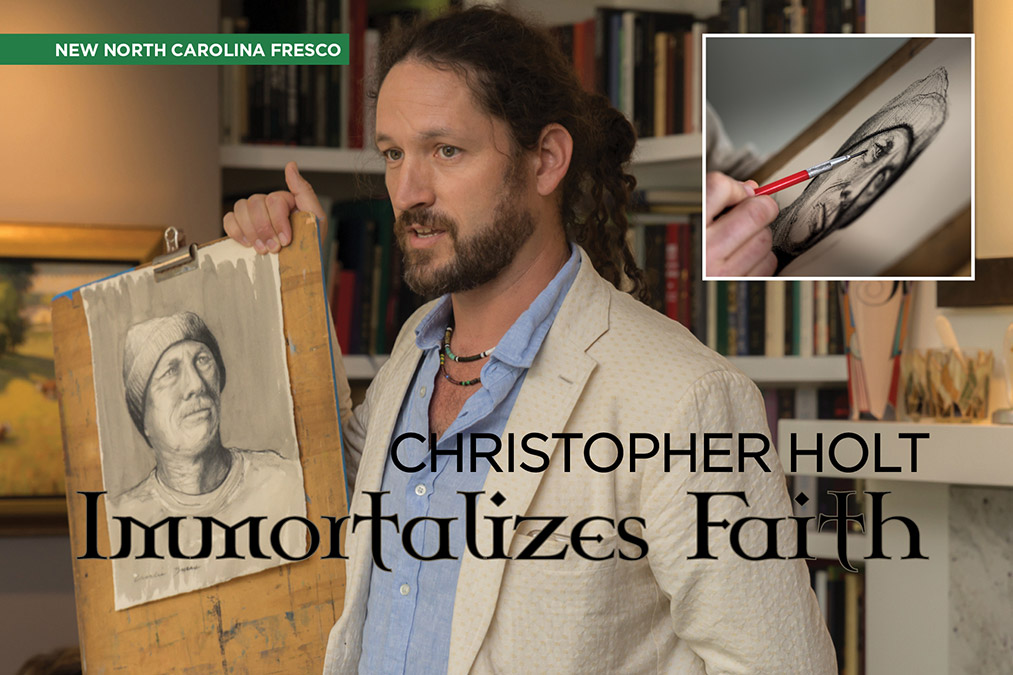 Main Image: Christopher Holt holds a sketch that will contribute to the fresco. Inset: Christopher Holt’s deft hand at work.
