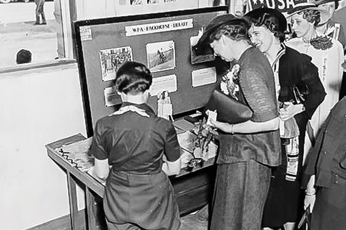 Eleanor Roosevelt (second from left) in West Liberty, Kentucky.  Roosevelt was a strong advocate of the Pack Horse Library project: “If the women are willing to do things because it’s going to help their neighbors, I think we’ll win out.”