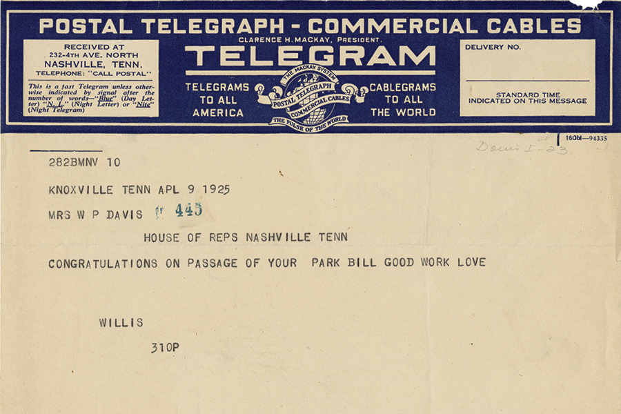 Telegram from Willis P. Davis to his wife, Anne, congratulating her on the passage of the legislation she introduced.