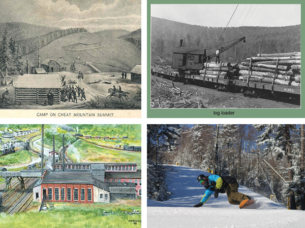 Clockwise from top left: 
• Fort Milroy rendering,1861. 
• Harvesting timber near Cheat’s summit in the early 1900s. 
• Cass was once home to a bustling train station and numerous families who brought life to the railway.
• Snowshoe Mountain Resort is among the Southeast’s premier winter destinations. (Photo courtesy Snowshoe Mountain Resort)