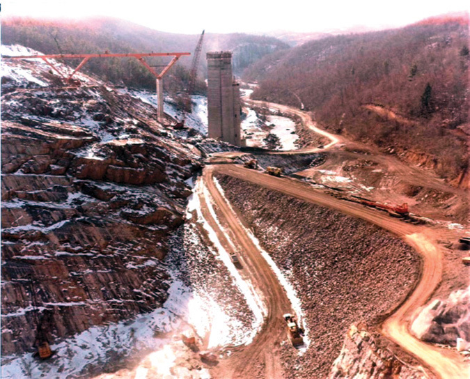 Construction on the Gathright Dam began with a diverter coffer dam, pictured here. (Photos and captions from the Archives of the Army Corps of Engineers.)