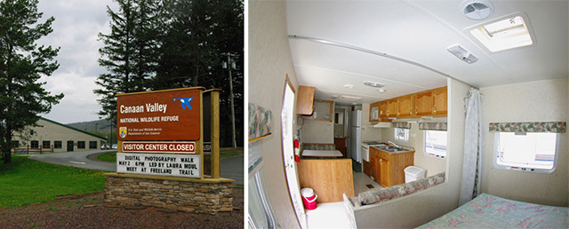 Left: The entrance to Canaan Valley National Wildlife Refuge. Right: The trailer is adjacent to the refuge office and visitor center. Every day or so I fill up the holdng tank, empty the gray water, etc. I do have electricity, even polarized plugs to plug in my chargers, etc. It has been very windy and rainy -- a good thing the trailer is anchored.