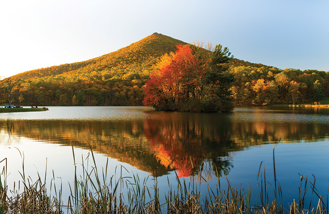 This classic view at Virginia Blue Ridge Parkway Milepost 83 shows Sharptop Mountain reflected onto Abbott Lake on an October morning. The lake is named after Stanley Abbott, first landscape architect of the parkway.