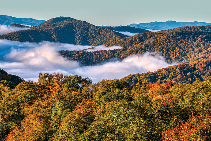 This early-morning view is in Great Smoky Mountains National Park, North Carolina. Deep Creek Overlook provides a beautiful view of the Great Smoky Mountains on U.S. 441. A few miles north is the Oconaluftee Overlook which is also popular for sunrise. The image shows the slowly moving low clouds and the fall foliage with different shades of colors; the early morning soft light provided additional beauty to the scene.