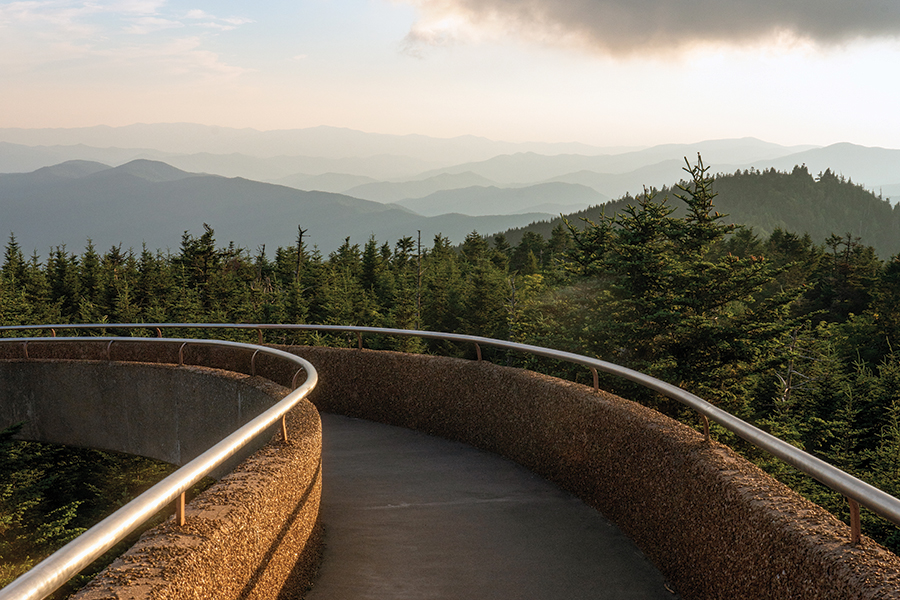 The view from Tennessee’s highest mountain, Clingman’s Dome, offers sweeping views of some of the most majestic peaks in both North Carolina and Tennessee.