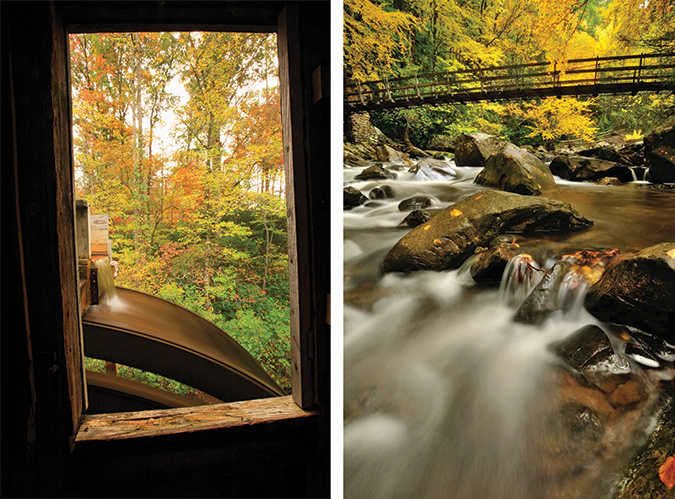 Left: Perspective is from the the upper floor looking out of the window at the water wheel in the Hagood Mill, Hagood Mill Historic Site, Pickens, South Carolina. (Photo by Pat & Chuck Blackley) Right: Fall foliage glows around the swinging bridge at Babcock State Park, West Virginia. (Photo by Ed Rehbein)