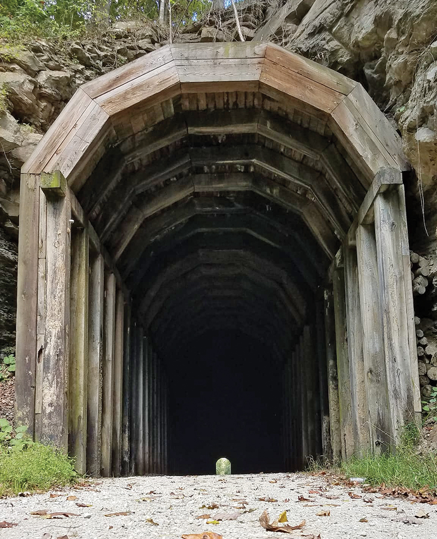 Kentucky’s Dawkins Line Rail Trail passes through a 680-foot tunnel on its 36-mile run.