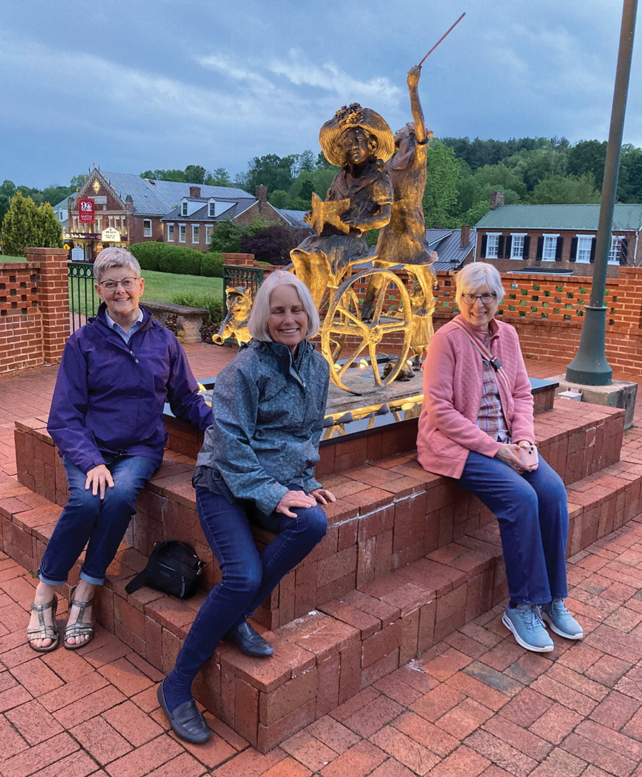 St. Olaf College classmates Leslie Smith Milbrandt, Marilyn Irwin Catlin and Candace Kirkpatrick Moffitt in Abingdon, Virginia, at the start of their Appalachian reunion.
