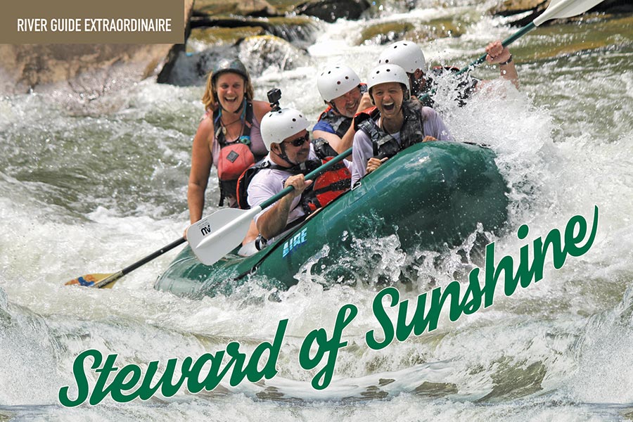 Jules Johnson—the grinning guide at rear of raft—has been taking rafters through Class III and IV rapids on the Ocoee River for 20 years.