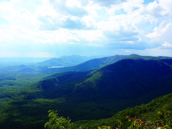 Sharp Drop: The falloff from the mountains of South Carolina’s Caesars Head (foreground) and Table Rock (on the horizon)state parks onto the Piedmont is starkly illustrative of the unique character of the Blue Ridge Escarpment.