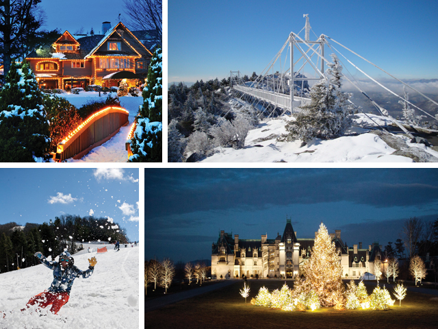 Clockwise from top left: The Festival of Lights at Chetola Resort, the mile-high swinging bridge at Grandfather Mountain, the Biltmore House Candlelight Christmas Evenings and Cataloochee Ski Area.