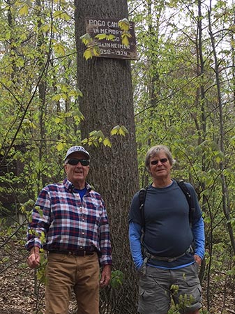 4/29/19: Jim and Kurt Rheinheimer pause at the Pogo Campsite along the Appalachian Trail in Maryland.
