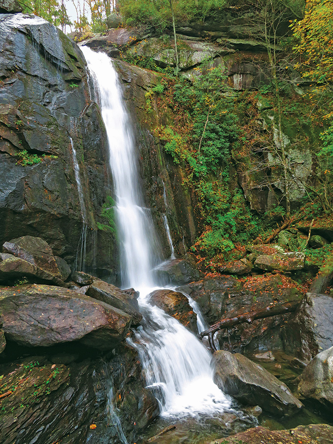 High Shoals Falls and Upper Falls. (2.7-mile loop, moderate). These two falls form a spectacular geologic feature in South Mountains State Park, in Burke County. GPS: 35.602805, -81.627909