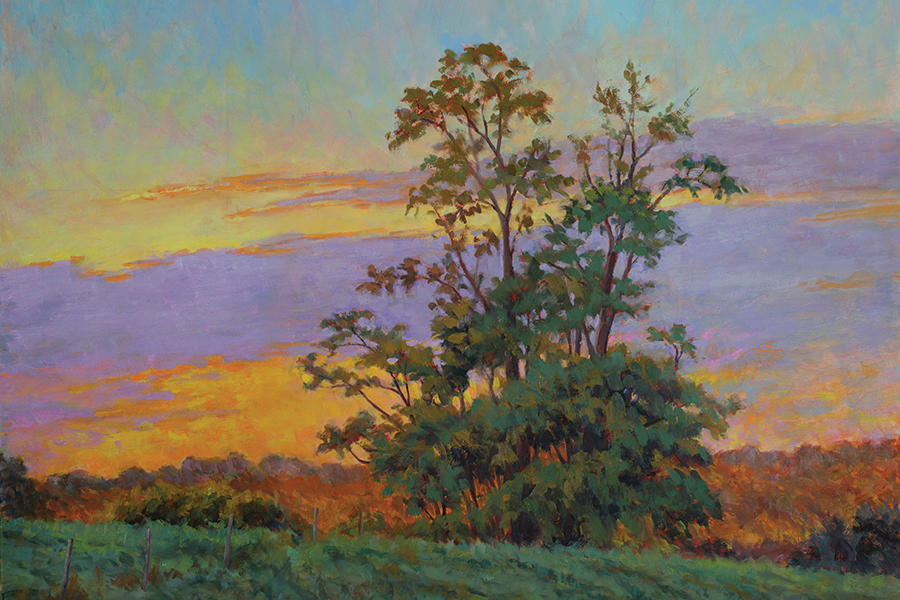 October Sunrise: This painting was inspired by a pastoral location in southwest Virginia that I have visited frequently. I took several photos of the sunrise to work from. I used several layers of oil paint. My goal was to capture the lyrical beauty and character of this group of trees at a dramatic time of day.