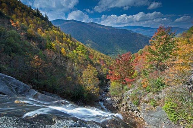 North Carolina’s Pisgah National Forest combines great fall color with an abundance of waterfalls.