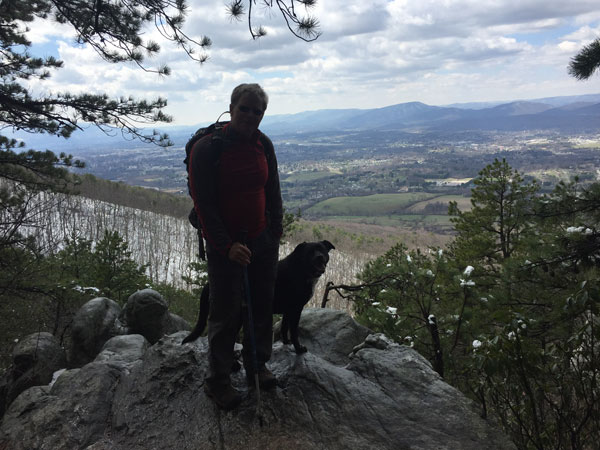 Old man and dog at Buzzards Rock overlook onto Roanoke (3/25/18).