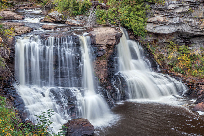 View of Blackwater Falls from the steps descending to the viewing platform; Blackwater Falls State Park, Tucker County, West Virginia.