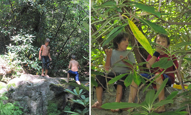 Left: Aden and Matthew prepare to jump again. Right: What better place for lunch than your own boulder tucked away on the hillside.