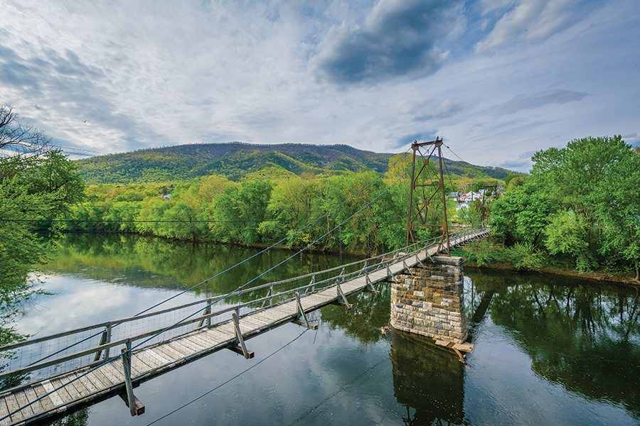 The swinging bridge, the only of its type on the James,  stretches 366 feet across the river.