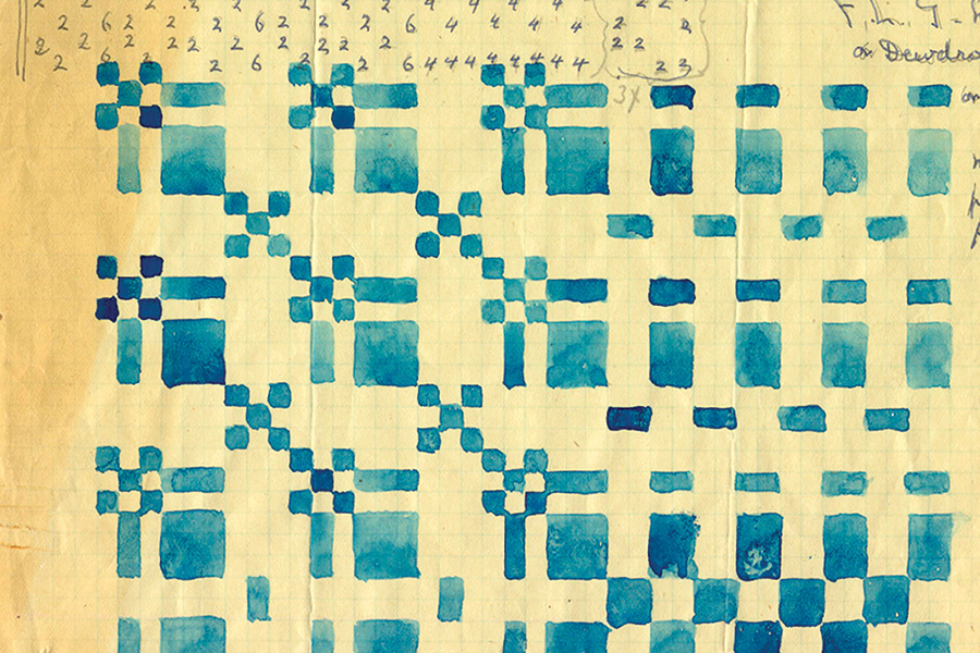 This weaving draft with watercolor work was done by Frances Louisa Goodrich.