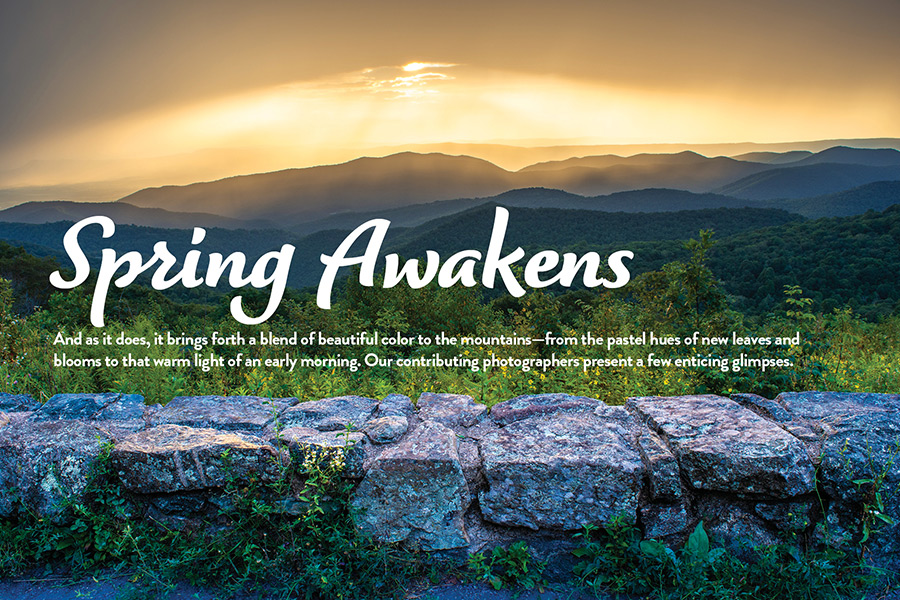 Spring storms at sunset pass over the Shenandoah Valley of Virginia at the Point Overlook at Milepost 55.5 of Skyline Drive.