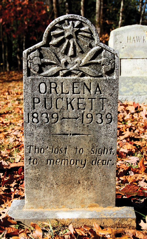 The Puckett headstone carries the spelling “Orlena.”