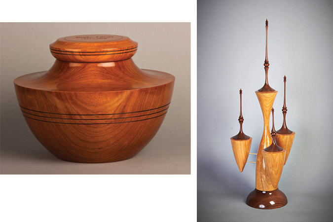 Left: Cherry wood cremation urn. Right: Four-lidded box vessel titled “Stairway to Heaven” of cherry and walnut woods.