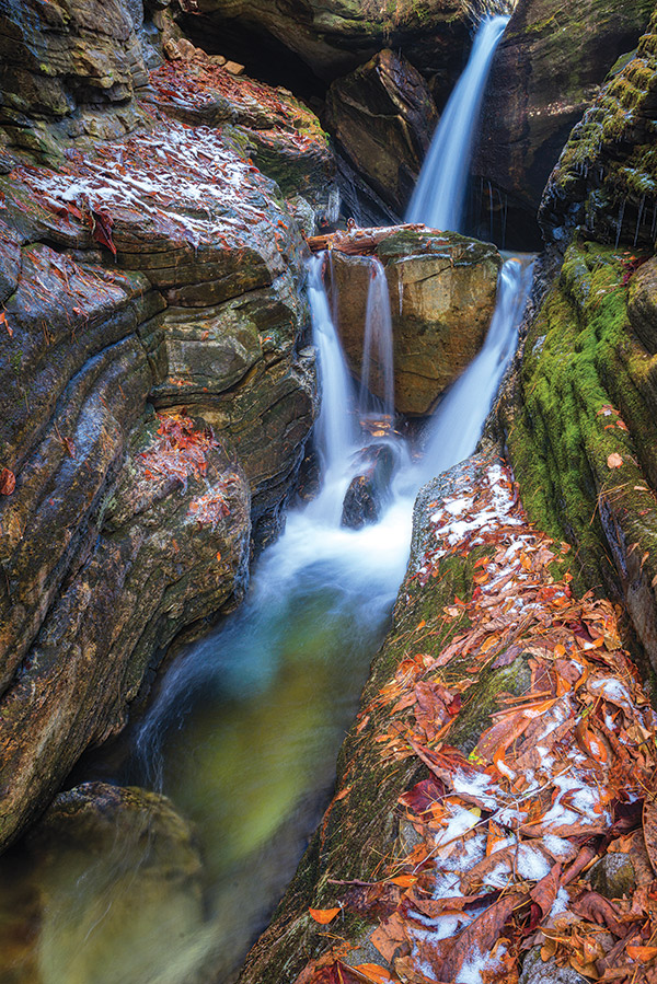 Early snow at Duggers Creek Falls, Newland, North Carolina.