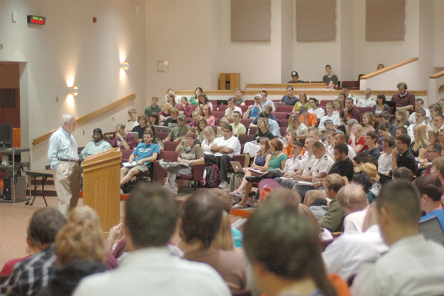 Bud Robertson gives his first lecture of the fall semester at Virginia Tech.