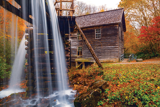 Mingus Mill, in Great Smoky Mountains National Park, was built in 1886 and still located on its original site. The mill uses a water-powered turbine to power its machinery.