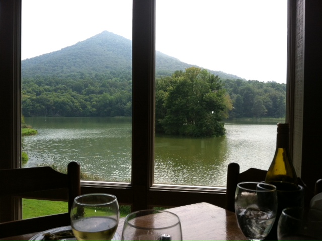 Looking out over Abbott Lake onto Sharp Top from inside the Peaks of Otter Lodge Restaurant.
