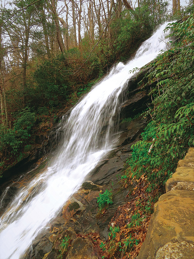 Cascades (0.8-mile loop, easy). This 240-foot falls is at E.B. Jeffress Park at Milepost 272.5 of the Blue Ridge Parkway, and the trail offers displays on the flora of the walk. GPS TRAILHEAD COORDINATES 36.249983, -81.456850