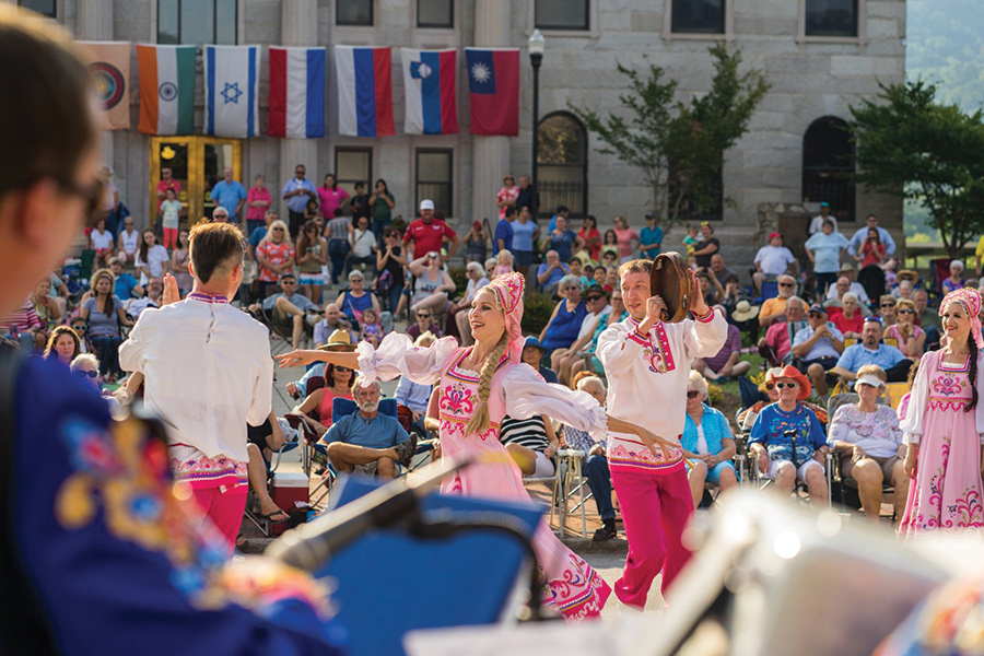 Folkmoot, begun in 1984 and designated the official North Carolina international festival in 2003, features performers from some 200 nations over a two-week period.
