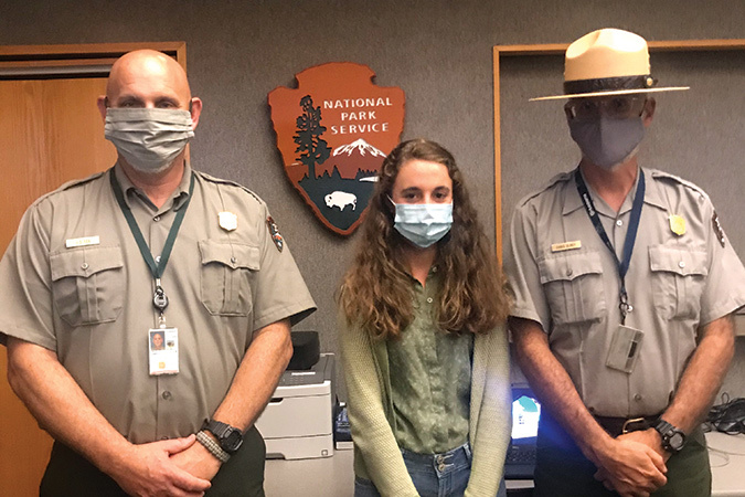 Then-Parkway Superintentent J.D. Lee (left) and plant ecologist Dr. Chris Ulrey flank Virginia Ward on the occasion of her award.