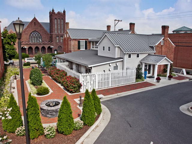 The Hardesty-Higgins House, restored and in downtown Harrisonburg, houses the visitor's center and a tea room. Visible behind it is Asbury United Methodist Church. Arboretum photo courtesy James Madison University; Harrisonburg photos courtesy Harrisonburg CVB.