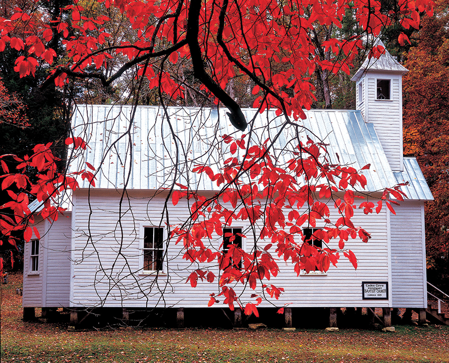Founded in 1839, Cades Cove Missionary Baptist Church is one of three churches in Cades Cove, a lush valley surrounded by mountains that is located in Great Smoky Mountains National Park.