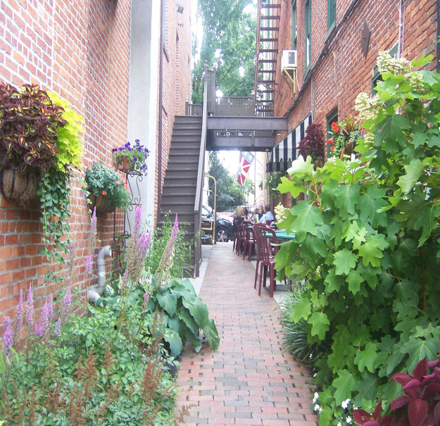 The alley between the James Gettys Hotel and the Blue Parrot Bistro, in Gettysburg.