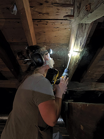Kristen de Graauw’s headlamp illuminates the smoke and sawdust created by her drill as it bites deeper into an oak log.
