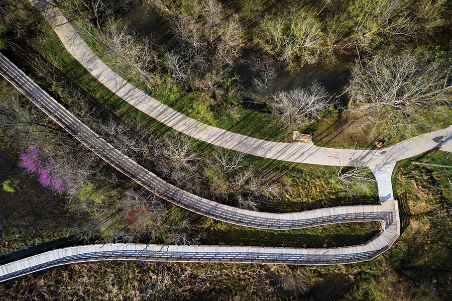 Drone view shows the Wetland Boardwalk at the Greenbelt’s Indian Trail Drive Trailhead.