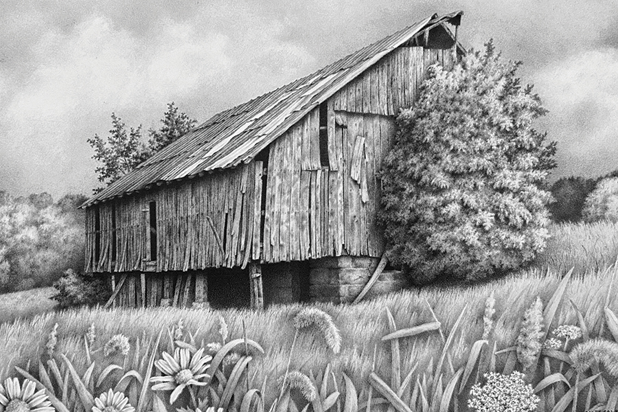 Baker Barn: The Baker Barn once stood in Monongalia County, West Virginia, as part of the historic Baker Family Farm, which was slated to be removed to make way for a highway. But a gentleman visiting from Colorado bought the barn from the Baker family, had it dismantled and shipped to Colorado where it stands today, reassembled and covered with Cedar shingles. I was commissioned to draw it as it was, before a single board was removed.