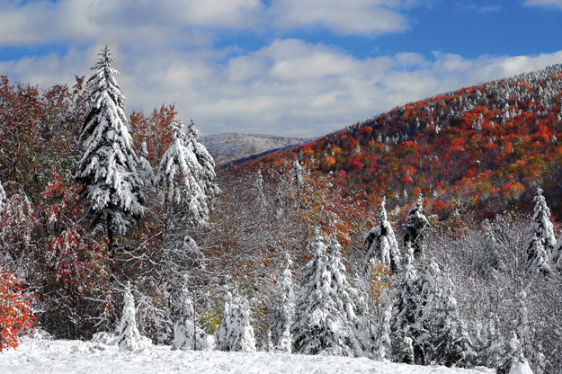Even on the near-Arctic Highland Scenic Highway, snow almost never falls while colorful autumn foliage is still on the trees. The rare weather event created both a Technicolor vista and an abstract piece of nature art. No matter what the season, snow makes the twists and turns of the mountainous road a challenge.