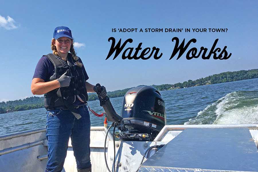 Kathleen Gibi gives a test run to Keep Tennessee River Beautiful’s new motor, donated by Yamaha Rightwaters and Anderson Marine last summer.