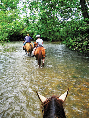 Lexie Parker, left, and John Tennis, right, ride horses through the Little Tennessee River at the Dillard House Stables.