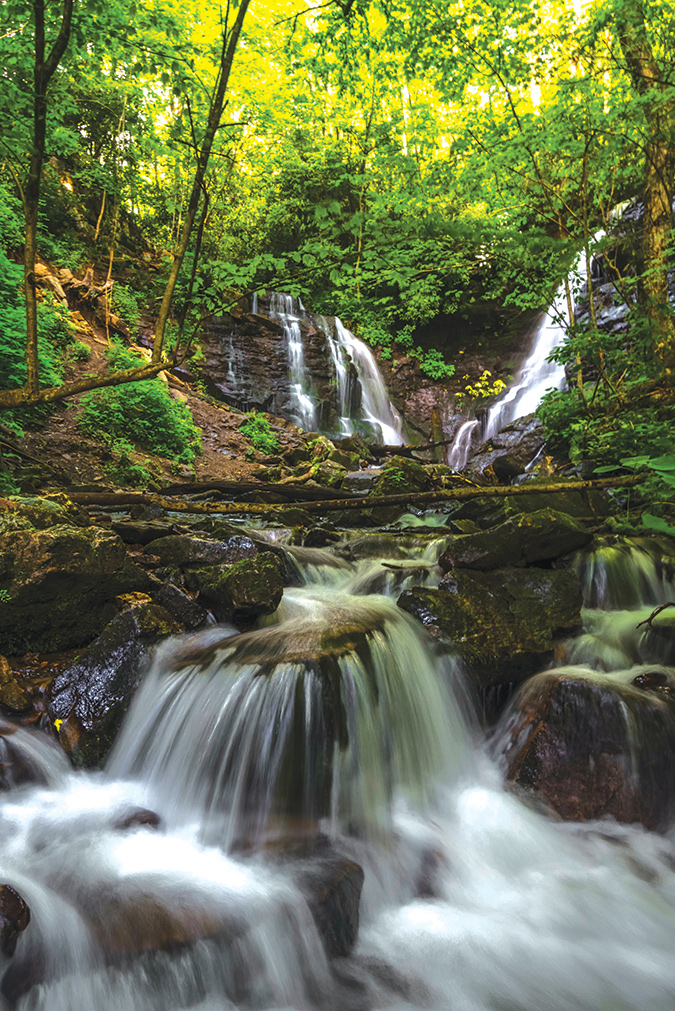 The double falls of Soco Falls are a short drive from the town of Maggie Valley.
