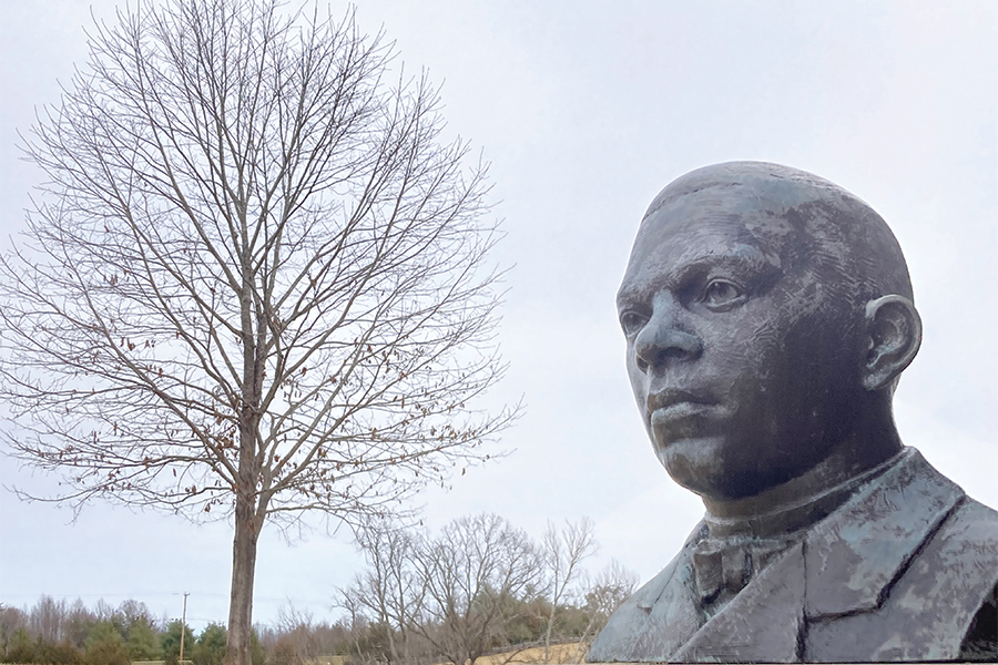 Bust of Booker T. Washington overlooks the fields at the Booker T. Washington National Monument at what was called Hale’s Ford when he was born and is now in the Hardy, Virginia zip code.