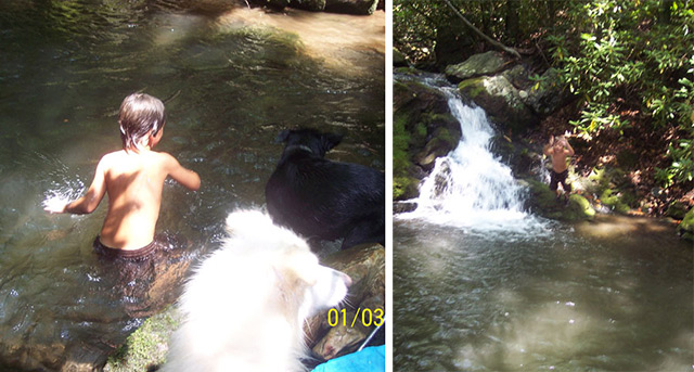 Left: Grandson and puppy both head for the cool water. Right: Grandson Aden demonstrates the joys of a swimming hole along Lower Hoop Hole.