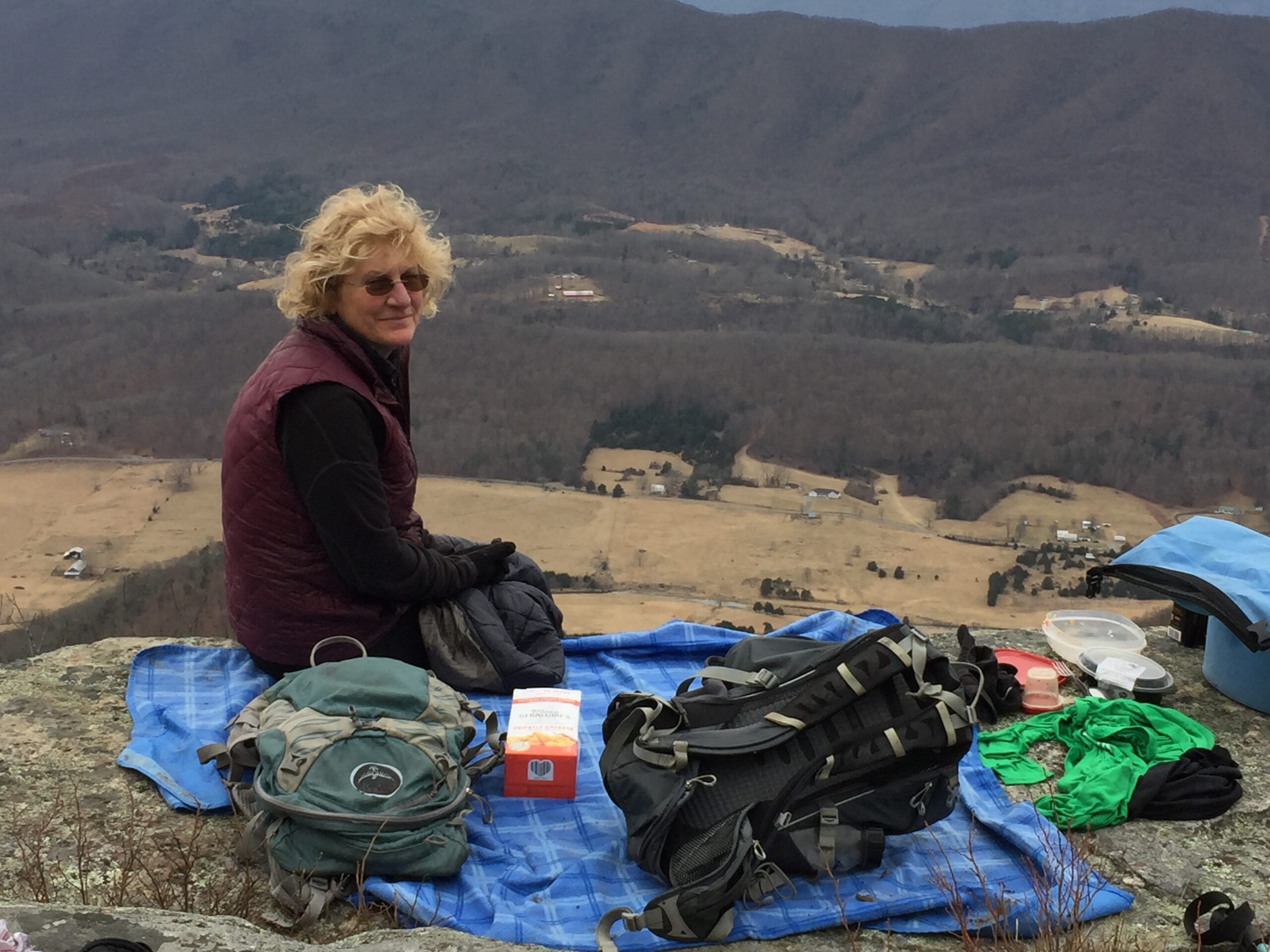 Gail on Tinker Cliffs with wintry Catawba Valley below, Jan. 21, 2018