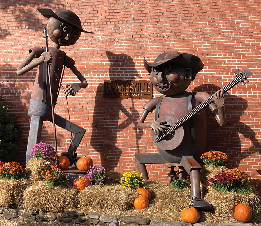 The Waynesville Public Art Trail includes 17 displays in stone and metal, including two old-time musicians awaiting accompaniment.