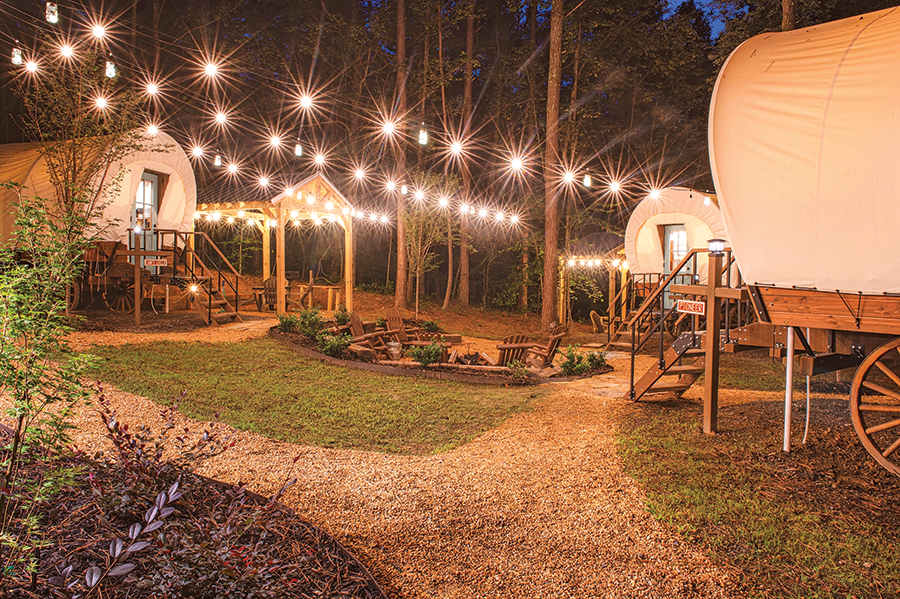 Welcome Valley Village, Benton, Tennessee, offers glamping in Conestoga wagons.