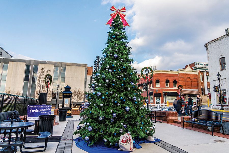 Bedford, Virginia’s Christmas tree is just the start of holiday celebrations that include a lights drive-through and luminaries at the nearby National D-Day Memorial.